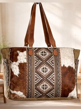Myra Cowhide Weekender Bag Western Leather Duffel Travel Carry On Boho Cowgirl